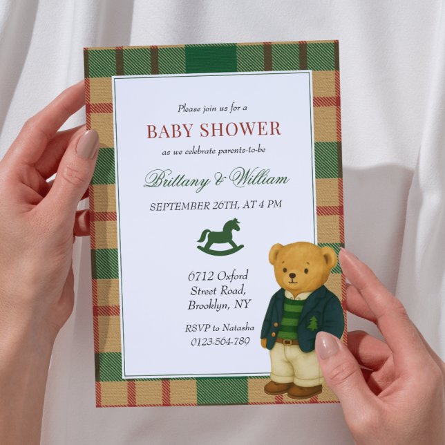 Preppy Bear Christmas Plaid Baby Shower Invitation (Creator Uploaded)