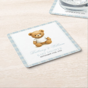  Preppy Bear Designer Blue Plaid Baby Shower  Square Paper Coaster