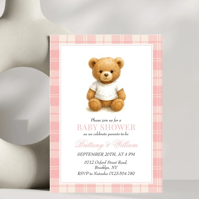  Preppy Bear Elegant Pink Plaid Baby Shower   Invitation (Creator Uploaded)