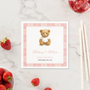  Preppy Bear Elegant Pink Plaid Baby Shower   Napkin