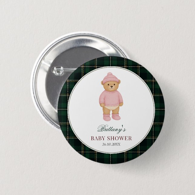 Preppy Bear Green Plaid Baby Shower Button (Front & Back)