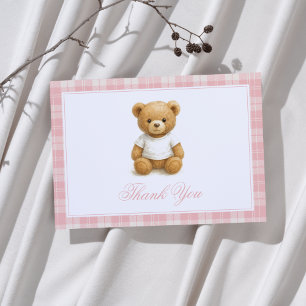 Preppy Bear Pink Plaid Baby Shower  Thank You Card