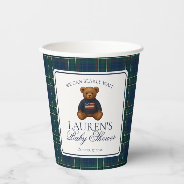 Preppy Bear Tartan Pattern Boy Baby Shower Paper Cups (Front)
