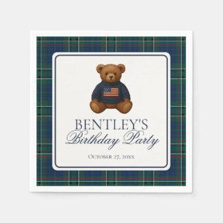 Preppy Bear Tartan Pattern Boy Birthday Party Napkin
