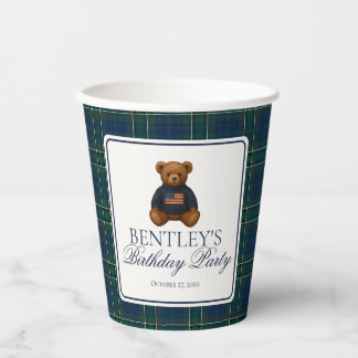 Preppy Bear Tartan Pattern Boy Birthday Party Paper Cups