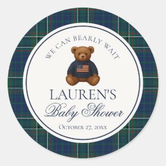 Preppy Bear Tartan Plaid Boy Baby Shower Envelope  Classic Round Sticker