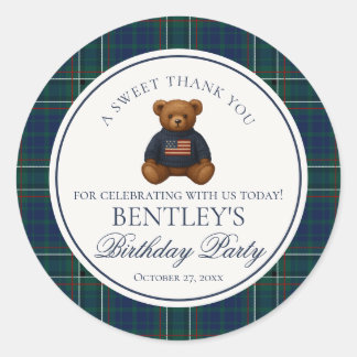 Preppy Bear Tartan Plaid Boy Birthday Circle Classic Round Sticker