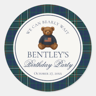 Preppy Bear Tartan Plaid Boy Birthday Envelope  Classic Round Sticker
