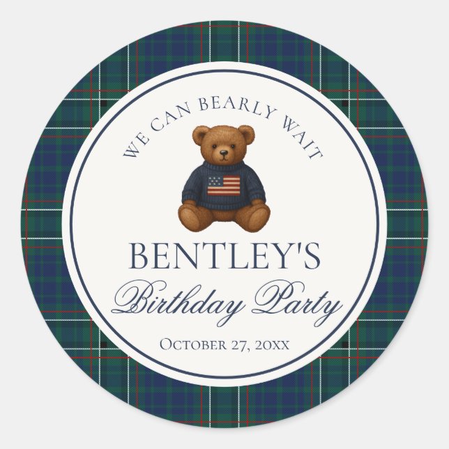 Preppy Bear Tartan Plaid Boy Birthday Envelope  Classic Round Sticker (Front)