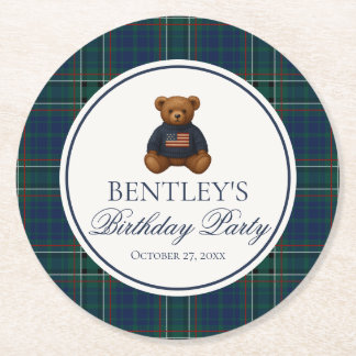 Preppy Bear Tartan Plaid Boy Birthday Party  Round Paper Coaster