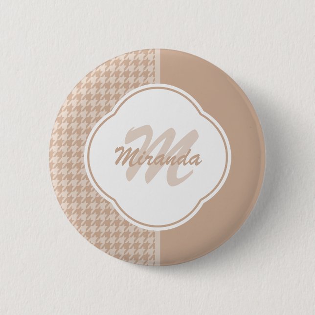 Preppy Beige and Tan Houndstooth Monogram and Name 6 Cm Round Badge (Front)