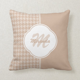 Preppy Beige and Tan Houndstooth Monogram and Name Cushion