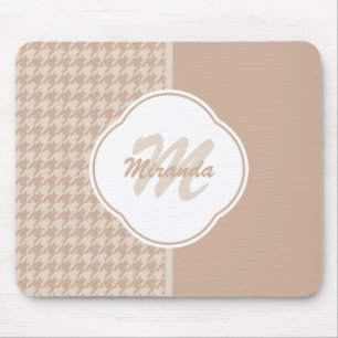 Preppy Beige and Tan Houndstooth Monogram and Name Mouse Pad