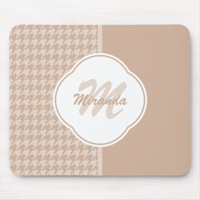 Preppy Beige and Tan Houndstooth Monogram and Name Mouse Pad (Front)