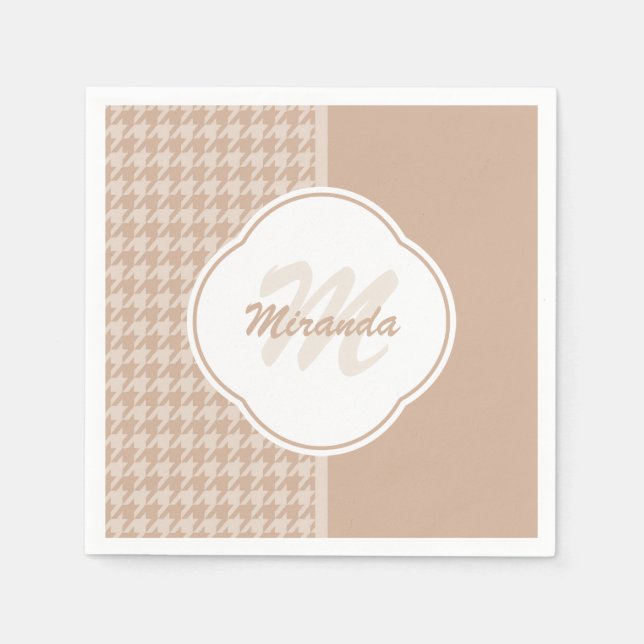 Preppy Beige and Tan Houndstooth Monogram and Name Napkin (Front)