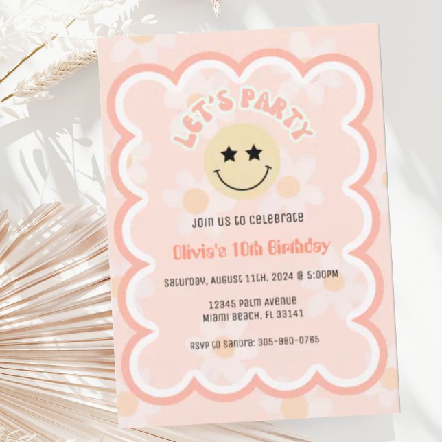 Preppy Beige Daisy Y2K Happy Face Party Birthday Invitation (Creator Uploaded)