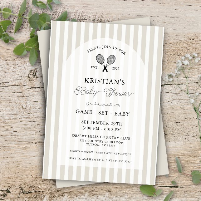 Preppy Beige Tennis Country Club Baby Shower Invi Invitation (elegant beige tennis theme baby shower invitations for preppy greige or tan chic country club shower)
