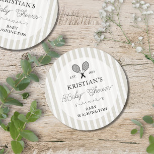 Preppy Beige Tennis Country Club Baby Shower Round Paper Coaster