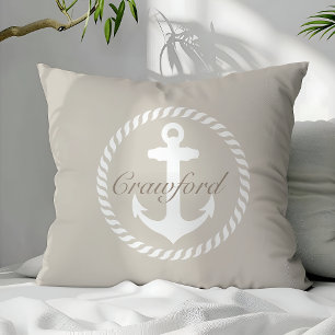 Preppy Beige & White Nautical Anchor Monogram Cushion