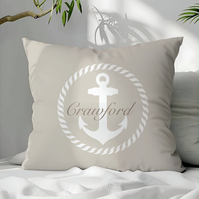 Preppy Beige & White Nautical Anchor Monogram Cushion (Creator Uploaded)