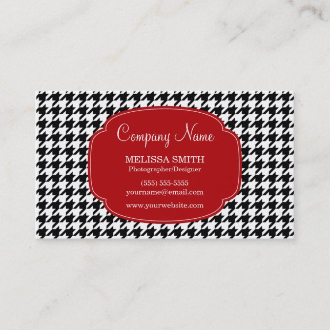 Preppy Black and Red Houndstooth Pattern Business Card (Front)