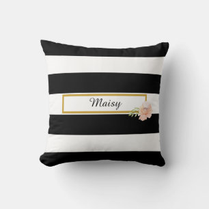 Preppy Black and White Stripe Gold Floral Cushion