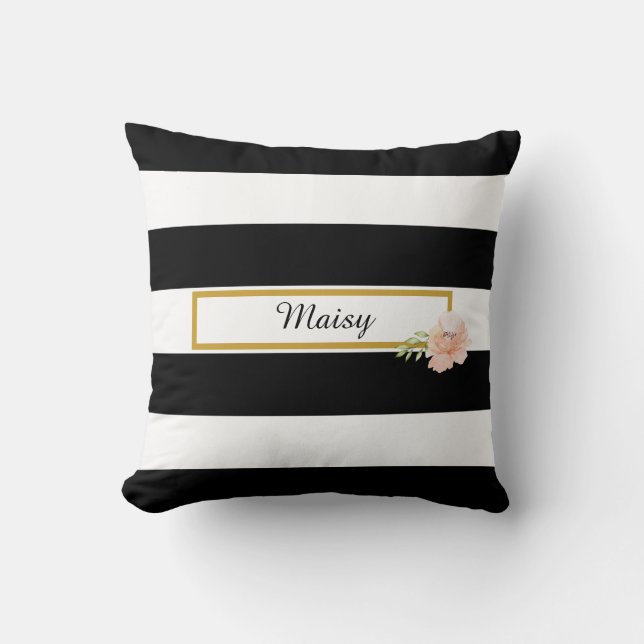 Preppy Black and White Stripe Gold Floral Cushion (Front)