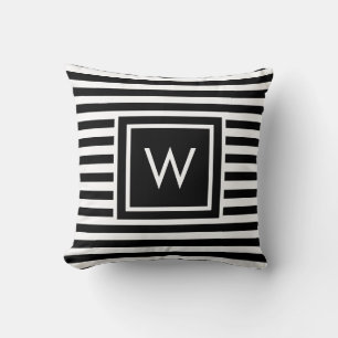 Preppy Black and White Stripe Monogram Cushion