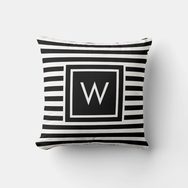 Preppy Black and White Stripe Monogram Cushion (Front)
