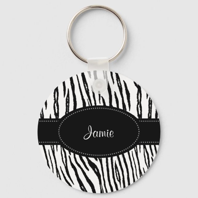Preppy Black and White Tiger Stripes With Name Key Ring (Front)