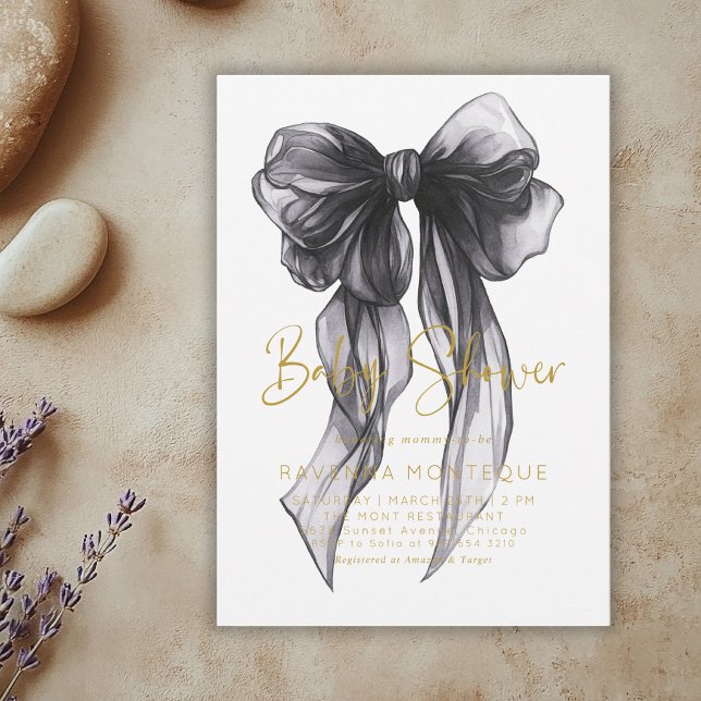Preppy Black Bow Clean Personalised Baby Shower  Invitation (Creator Uploaded)