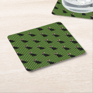 Preppy Black Lab Christmas Pattern Green Gingham Square Paper Coaster