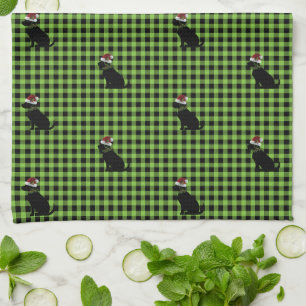 Preppy Black Lab Christmas Pattern Green Gingham Tea Towel
