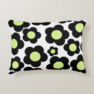 Preppy Black Neon Green Hippie Flower Pattern Decorative Cushion