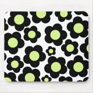 Preppy Black Neon Green Hippie Flower Pattern Mouse Pad