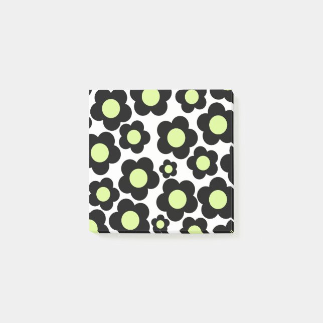 Preppy Black Neon Green Hippie Flower Pattern Post-it Notes (Front)