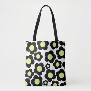 Preppy Black Neon Green Hippie Flower Pattern Tote Bag