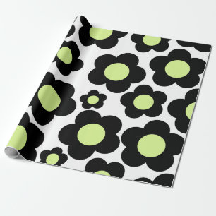 Preppy Black Neon Green Hippie Flower Pattern Wrapping Paper