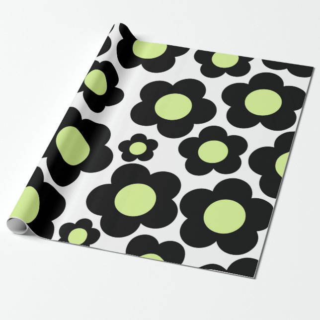 Preppy Black Neon Green Hippie Flower Pattern Wrapping Paper (Unrolled)