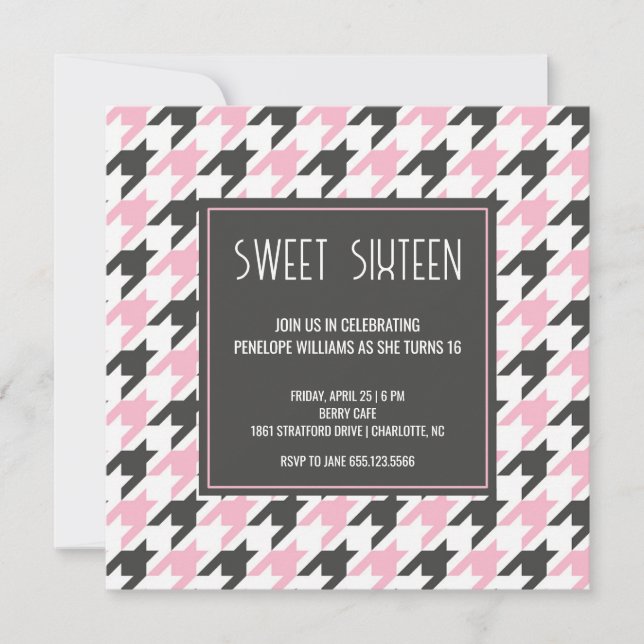 Preppy black pink houndstooth pattern Sweet 16  Invitation (Front)