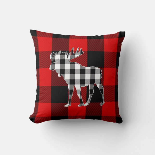 Preppy Black White Red Buffalo Check | Moose Cushion (Front)