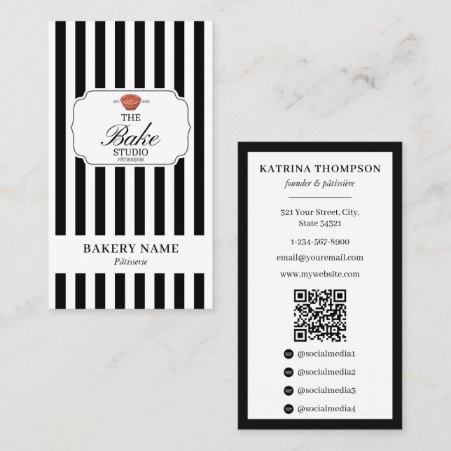 Preppy Black White Stripes Bakery Logo QR Code Business Card (Front/Back)