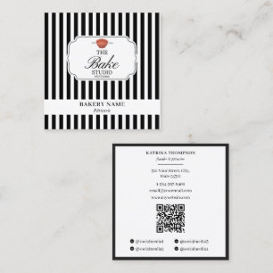 Preppy Black & White Stripes Bakery Logo QR Code Square Business Card