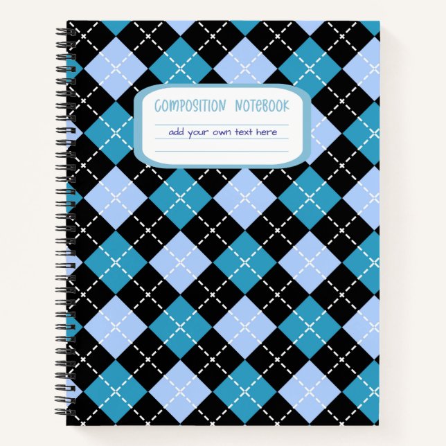 Preppy Blue and Black Argyle Plaid Composition Notebook (Front)