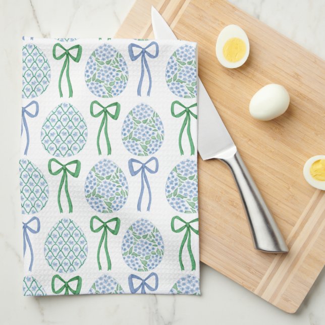 Preppy Blue and Green Easter Bows and Eggs Tea Towel (Quarter Fold)