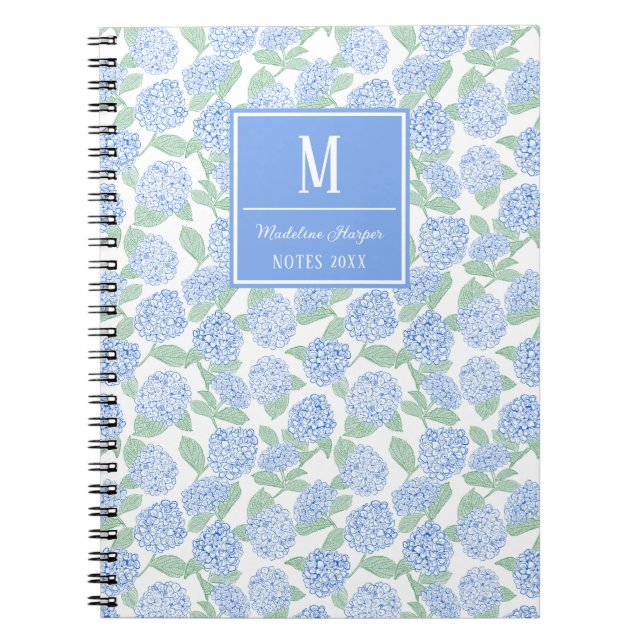 Preppy Blue and Green Hydrangeas Monogram Notebook (Front)