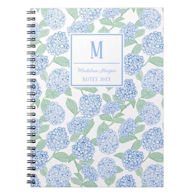 Preppy Blue and Green Hydrangeas Monogram Notebook (Front)