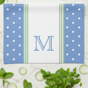 Preppy Blue and Green Polka Dot Monogram Tea Towel
