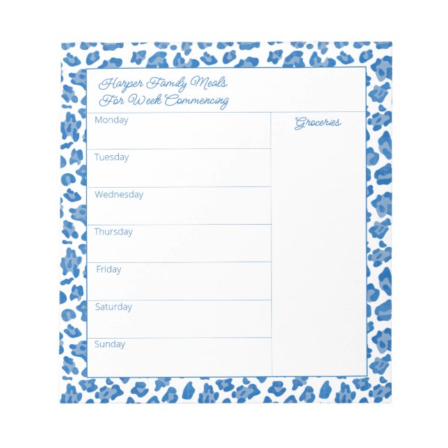 Preppy Blue And White Animal Print Meal Planner Notepad (Front)