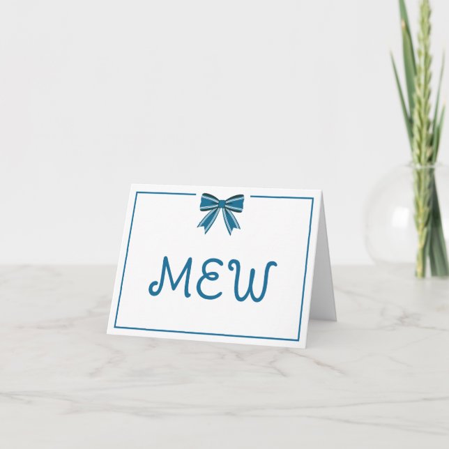 Preppy Blue and White Bow Monogram Note Card (Front)